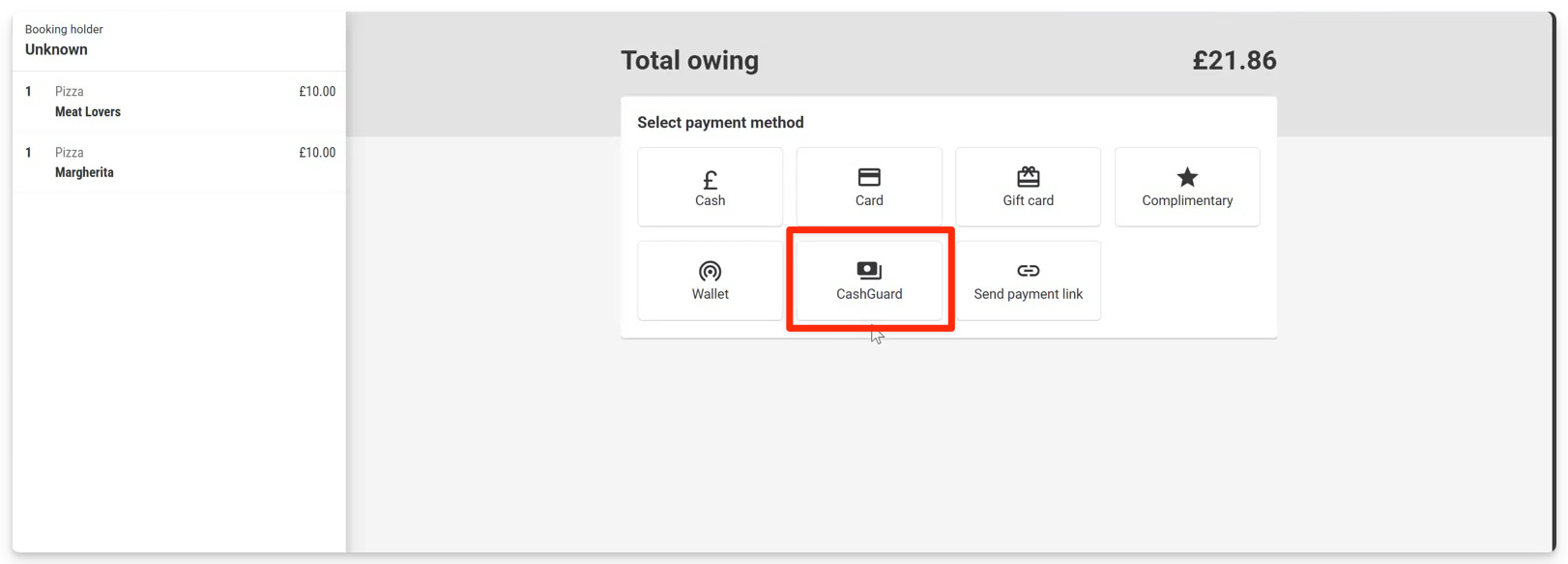 Payment options displayed with total amount owed for pizza order.
